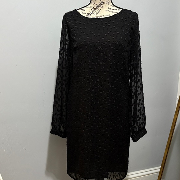 knee length dresses for ladies Ann Taylor LOFT Black Polka Dot Mesh Ruffles Long Sleeve Midi Sweater – Brie main image 1